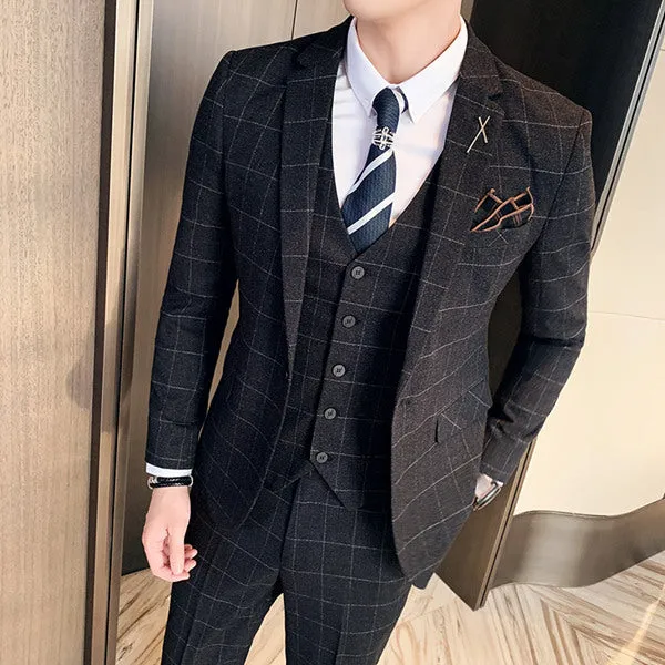 ( Jacket   Vest   Pants )  Plaid Casual Business Suit High-end Social Formal 3 Pcs Set