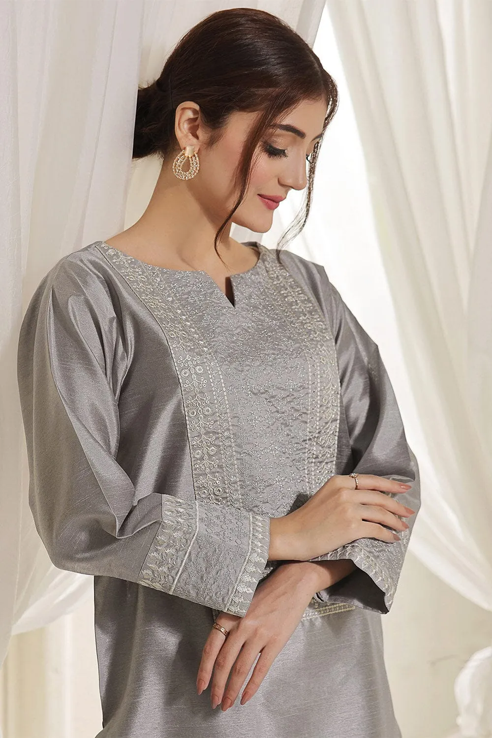 2PC Stitched Embroidered Silk Shirt & Trouser KFSE-2367