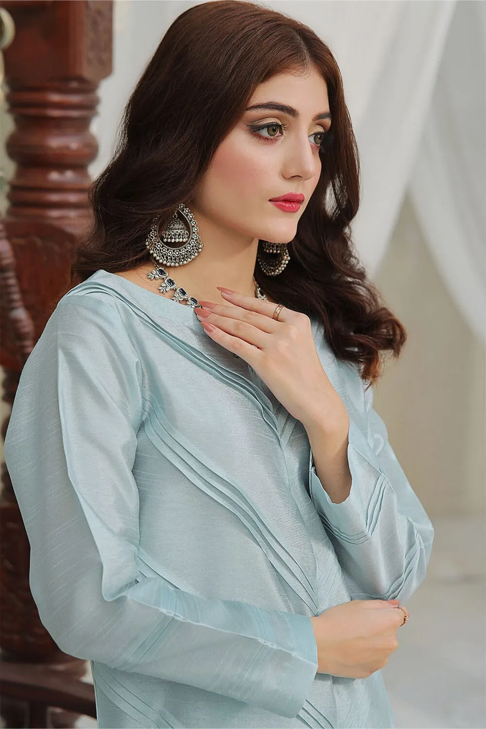 2PC Stitched Silk Shirt & Trouser Sky Blue KFS-2370