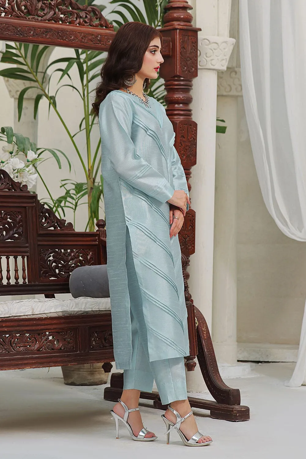 2PC Stitched Silk Shirt & Trouser Sky Blue KFS-2370