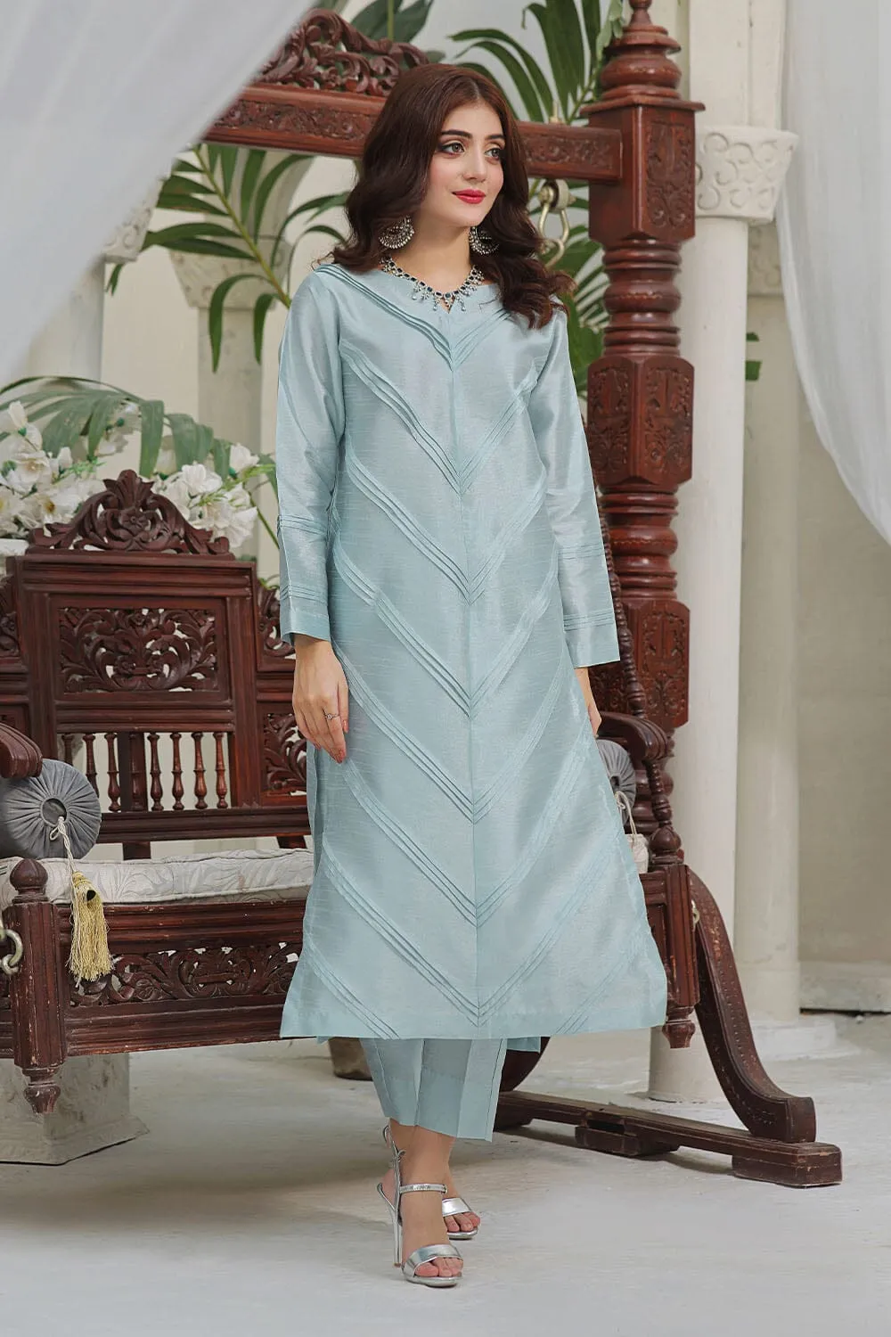 2PC Stitched Silk Shirt & Trouser Sky Blue KFS-2370