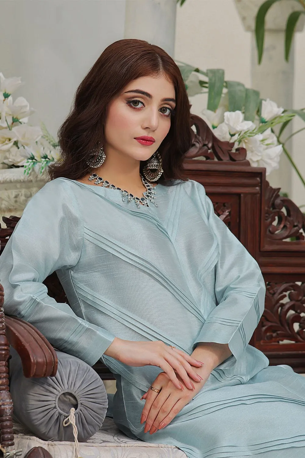 2PC Stitched Silk Shirt & Trouser Sky Blue KFS-2370