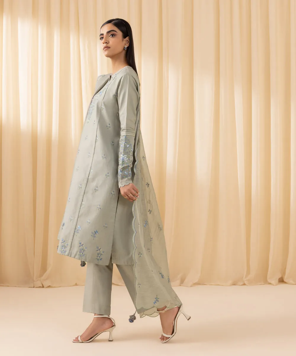 3 Piece -  Embroidered Cotton Satin Suit