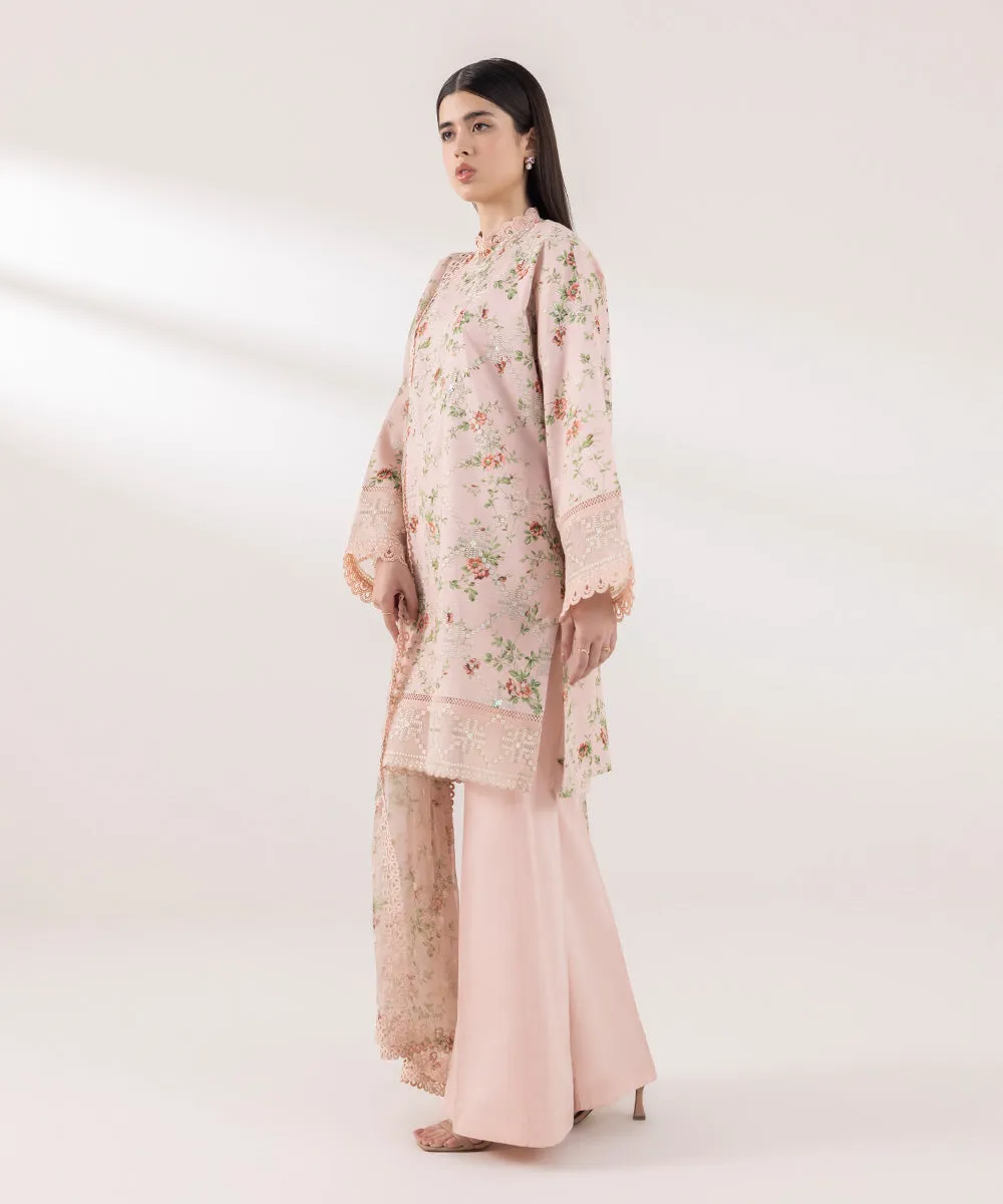 3 Piece - Embroidered Cotton Satin Suit