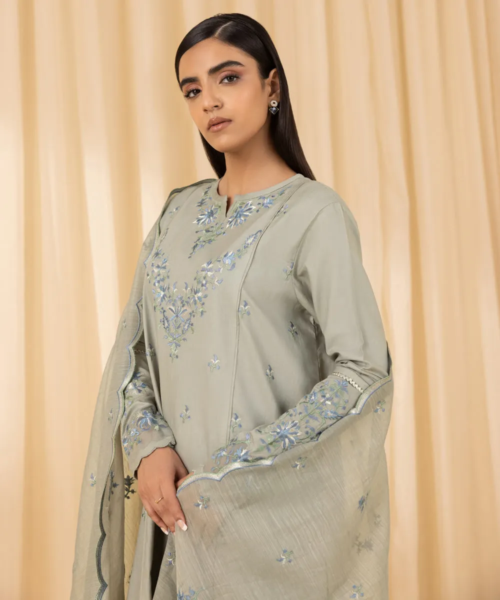 3 Piece -  Embroidered Cotton Satin Suit