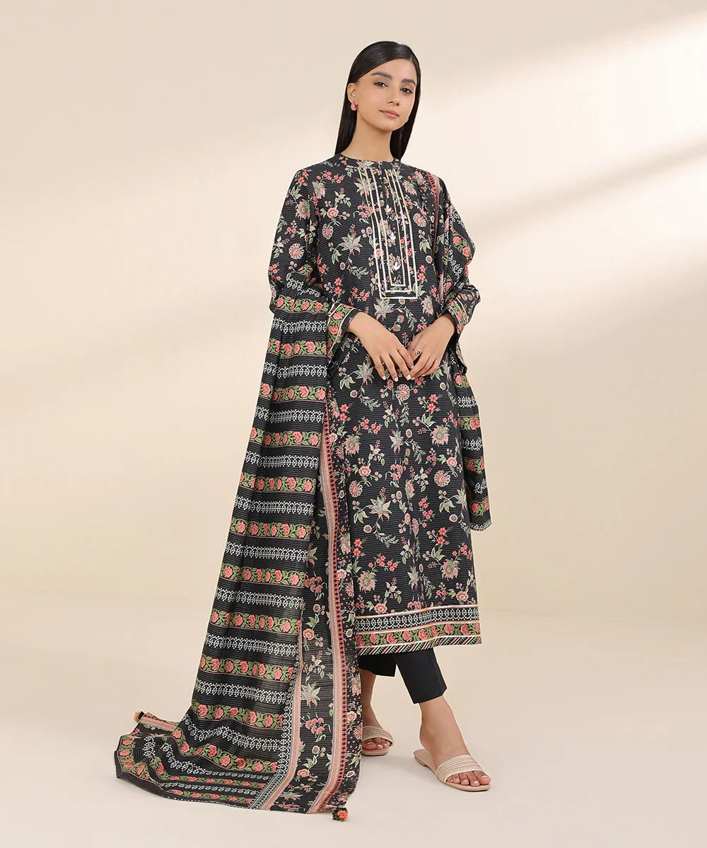 3 Piece - Printed Zari Khaddar Suit