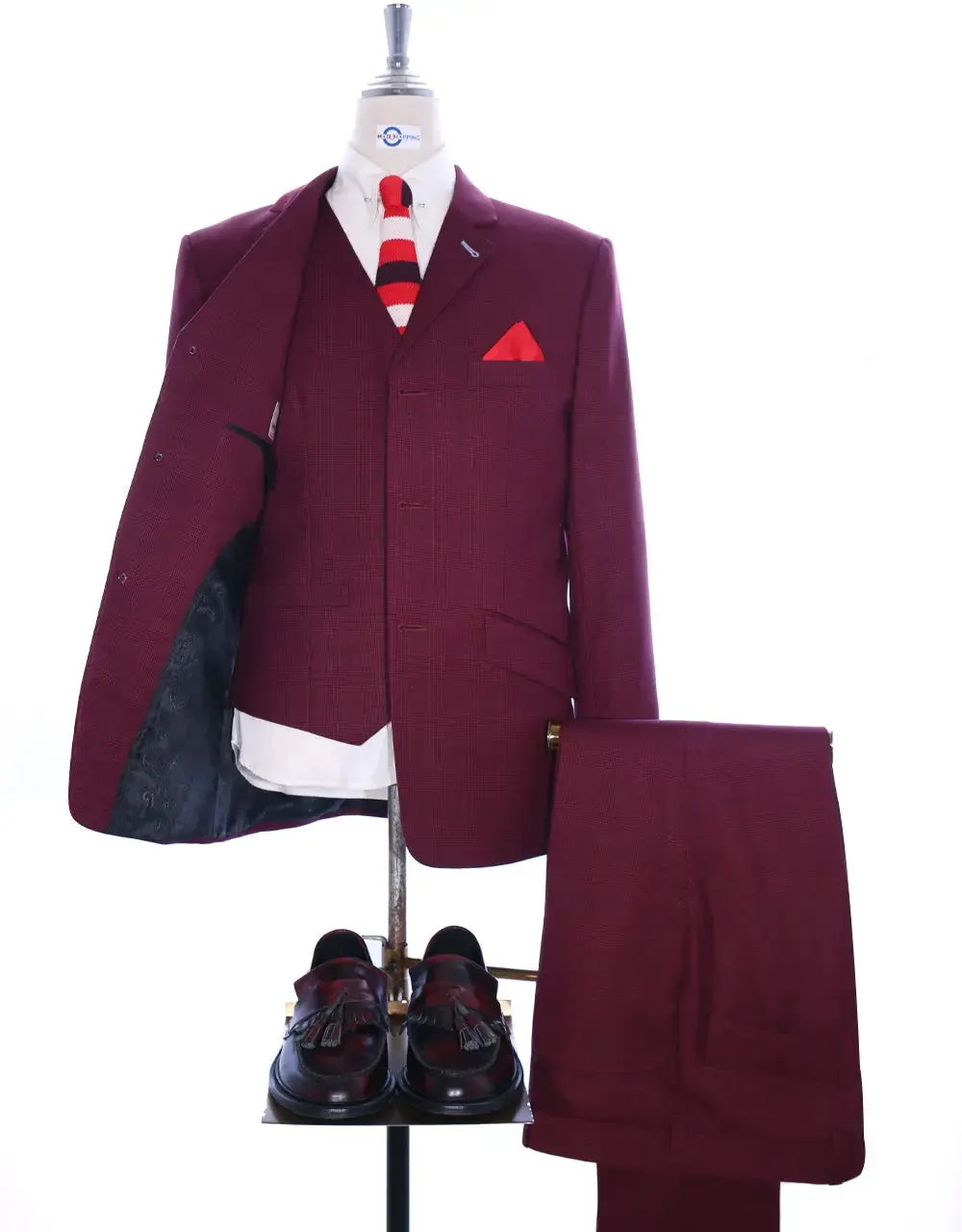 3 Piece Suit | Burgundy Prince Of Wales Suit For Men