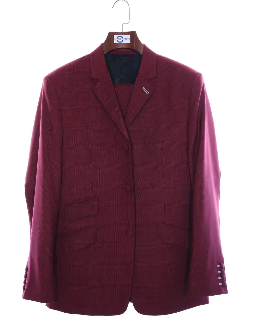 3 Piece Suit | Burgundy Prince Of Wales Suit For Men