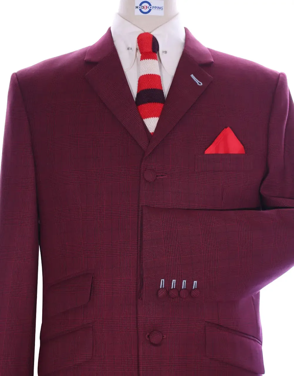 3 Piece Suit | Burgundy Prince Of Wales Suit For Men