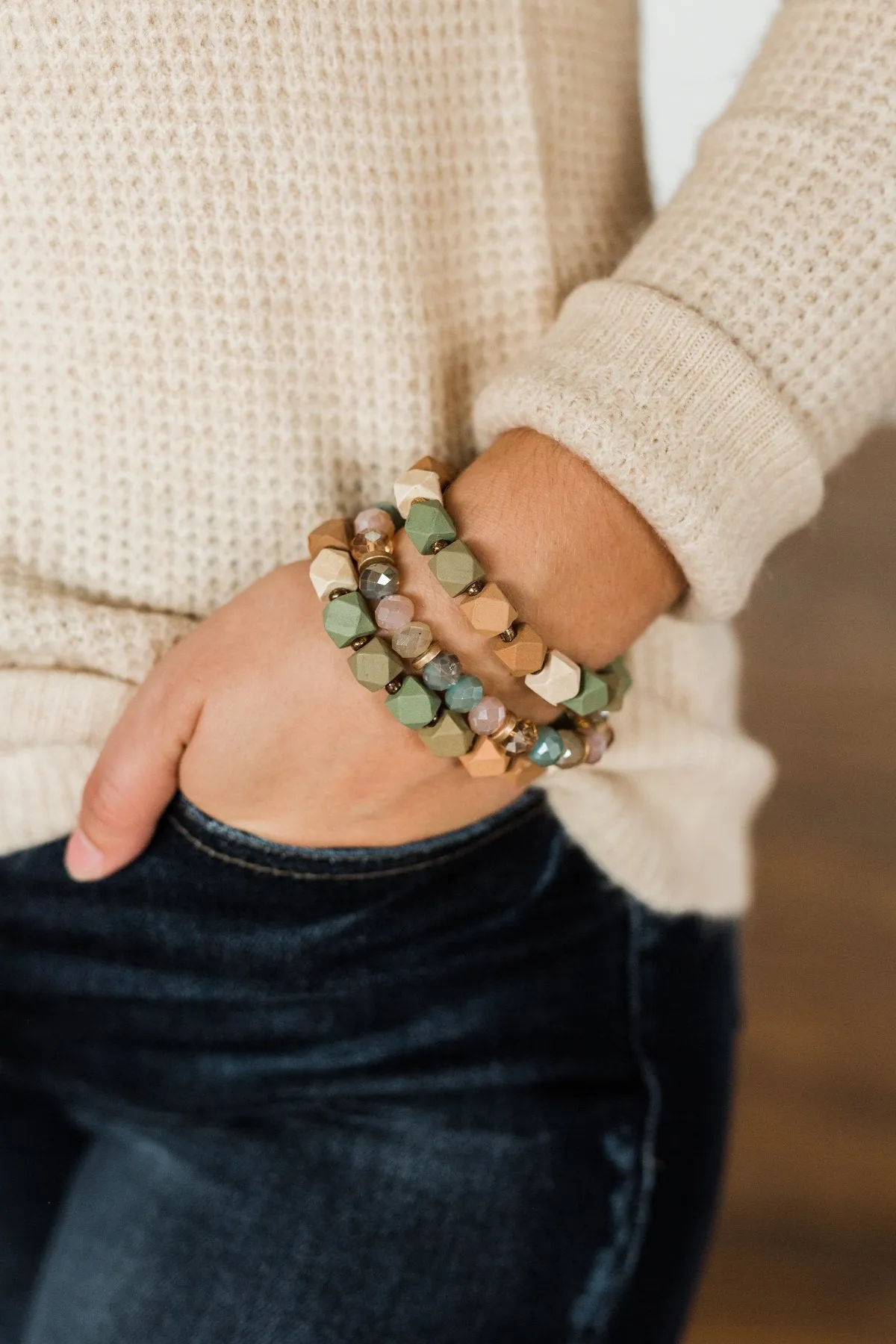 3 Stack Wood Bracelet Set- Olive & Natural Tones