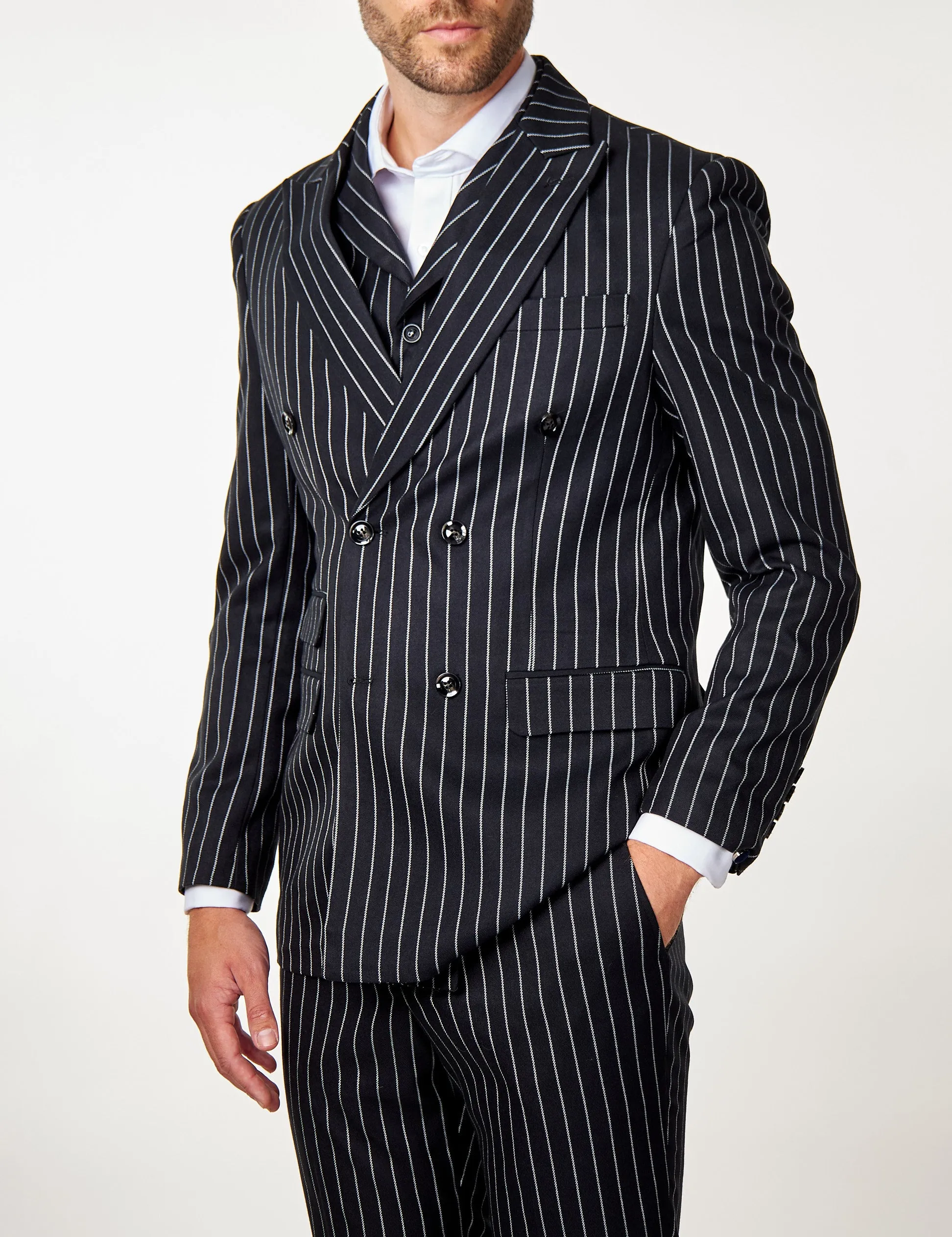 ALFRED - Black Chalk Stripe Double Breasted Suit