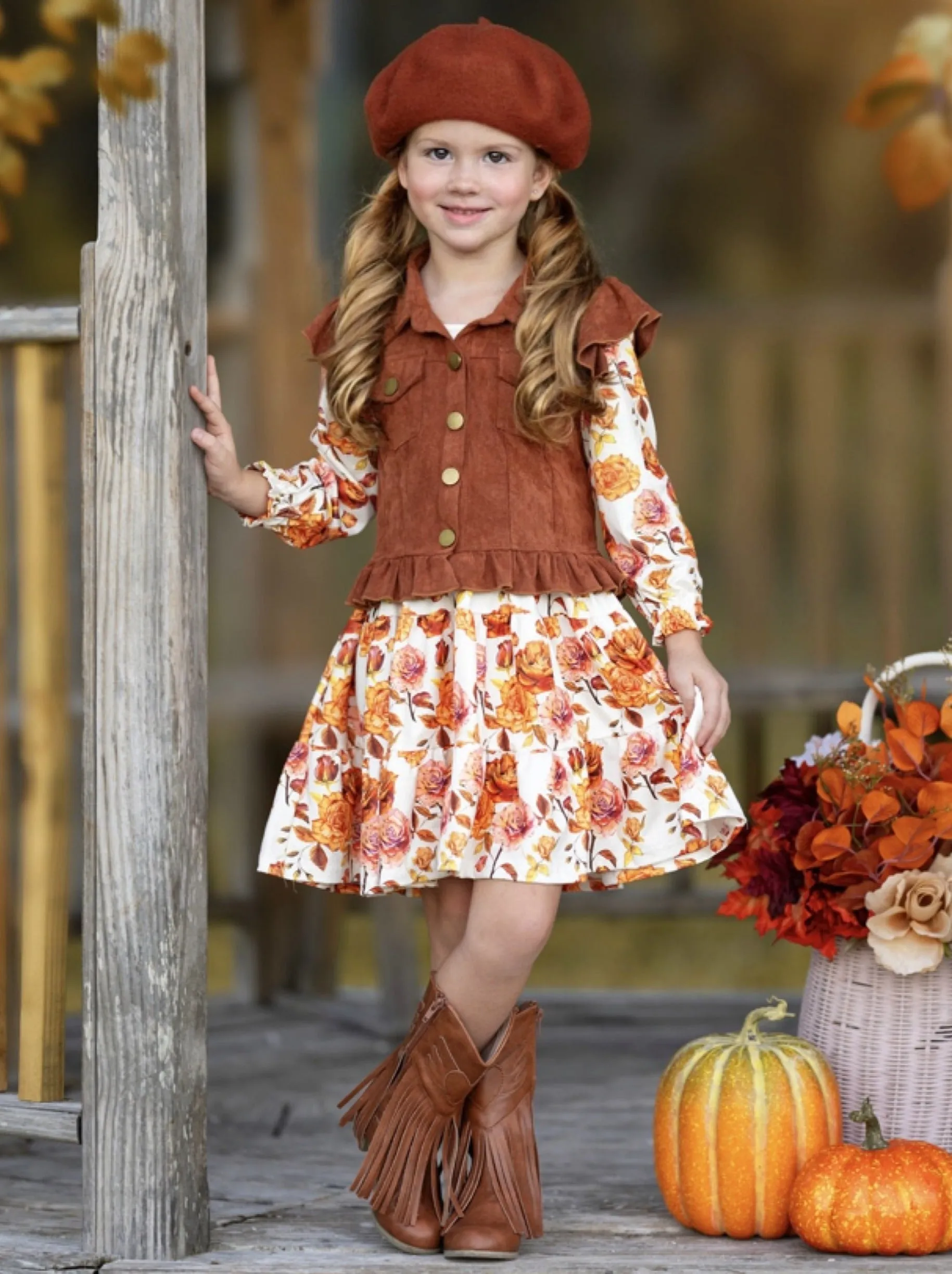 Autumn Floral Faux Suede Vest Dress Set