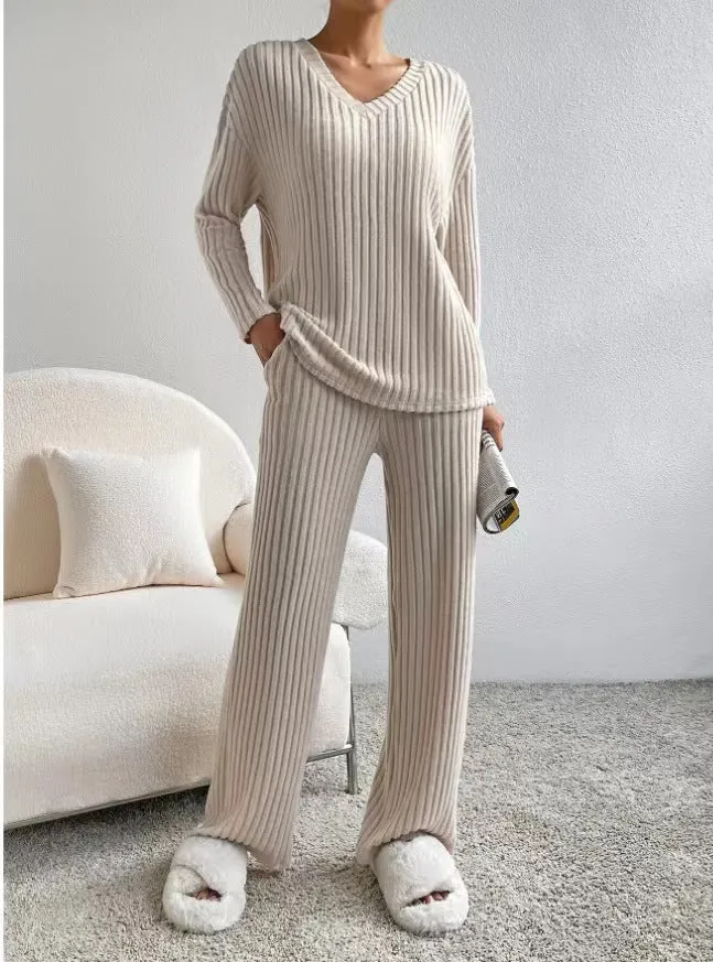 Autumn Winter New Two-Piece Fashion Casual Straight Pants Elegant Loose V-Neck Ribbed Knitted Set Suit