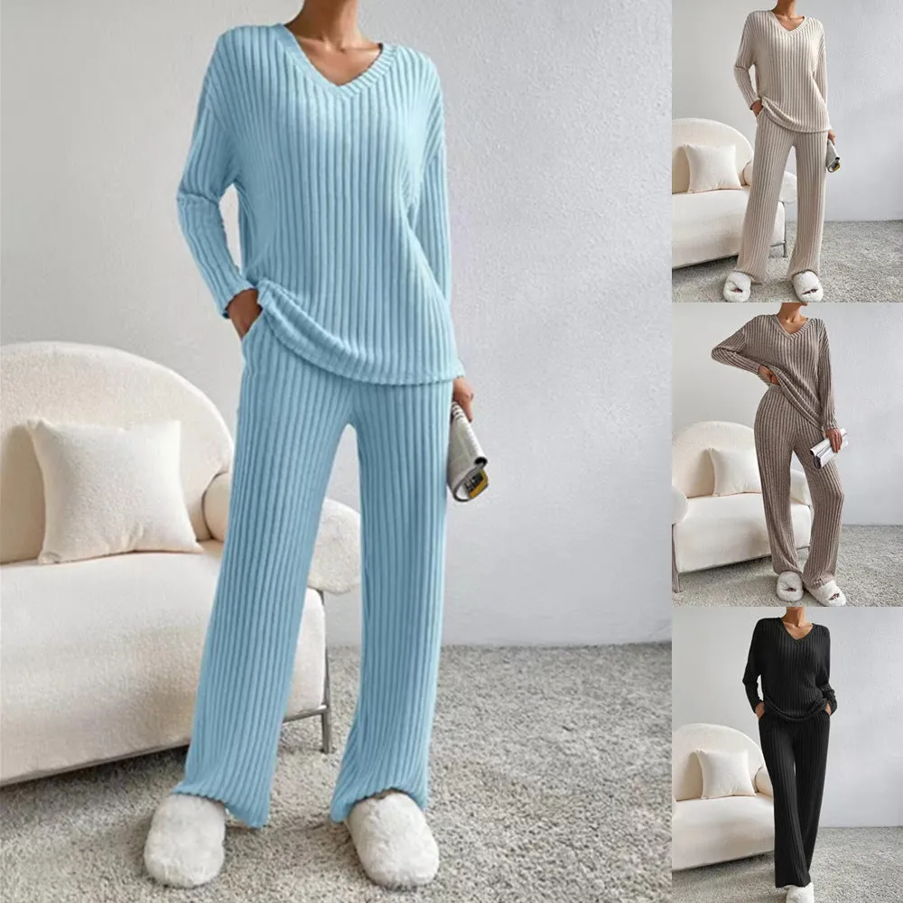 Autumn Winter New Two-Piece Fashion Casual Straight Pants Elegant Loose V-Neck Ribbed Knitted Set Suit