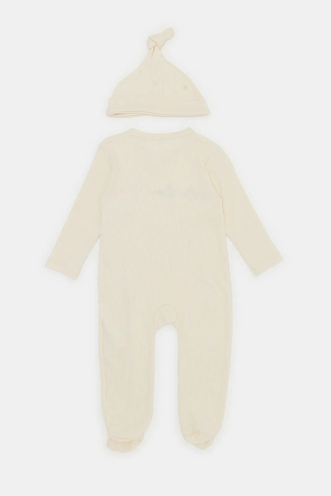 Babies Ecru Ribbed Sleepsuit With Hat (2 Piece)