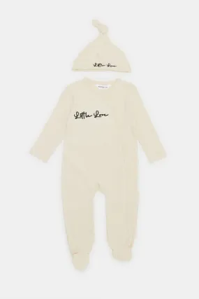 Babies Ecru Ribbed Sleepsuit With Hat (2 Piece)