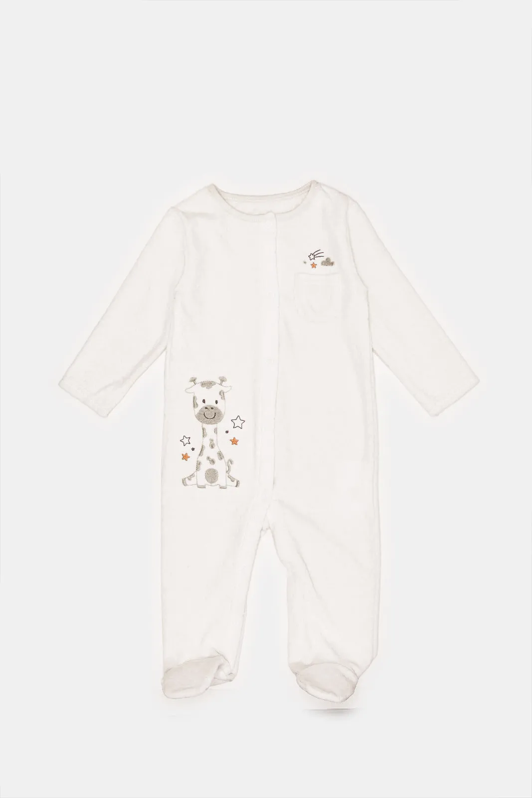 Babies White Jacquard Velour Sleepsuit With Pocket