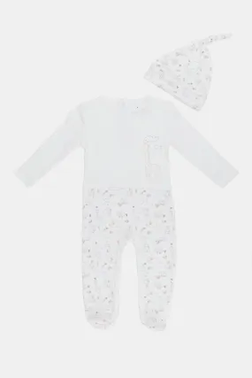 Babies White Sleepsuit With Hat Set (2 Piece)