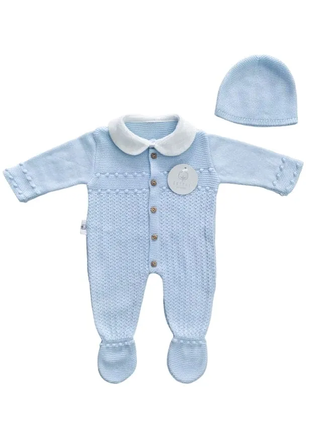 Baby Blue Knit Babygrow and Hat Set