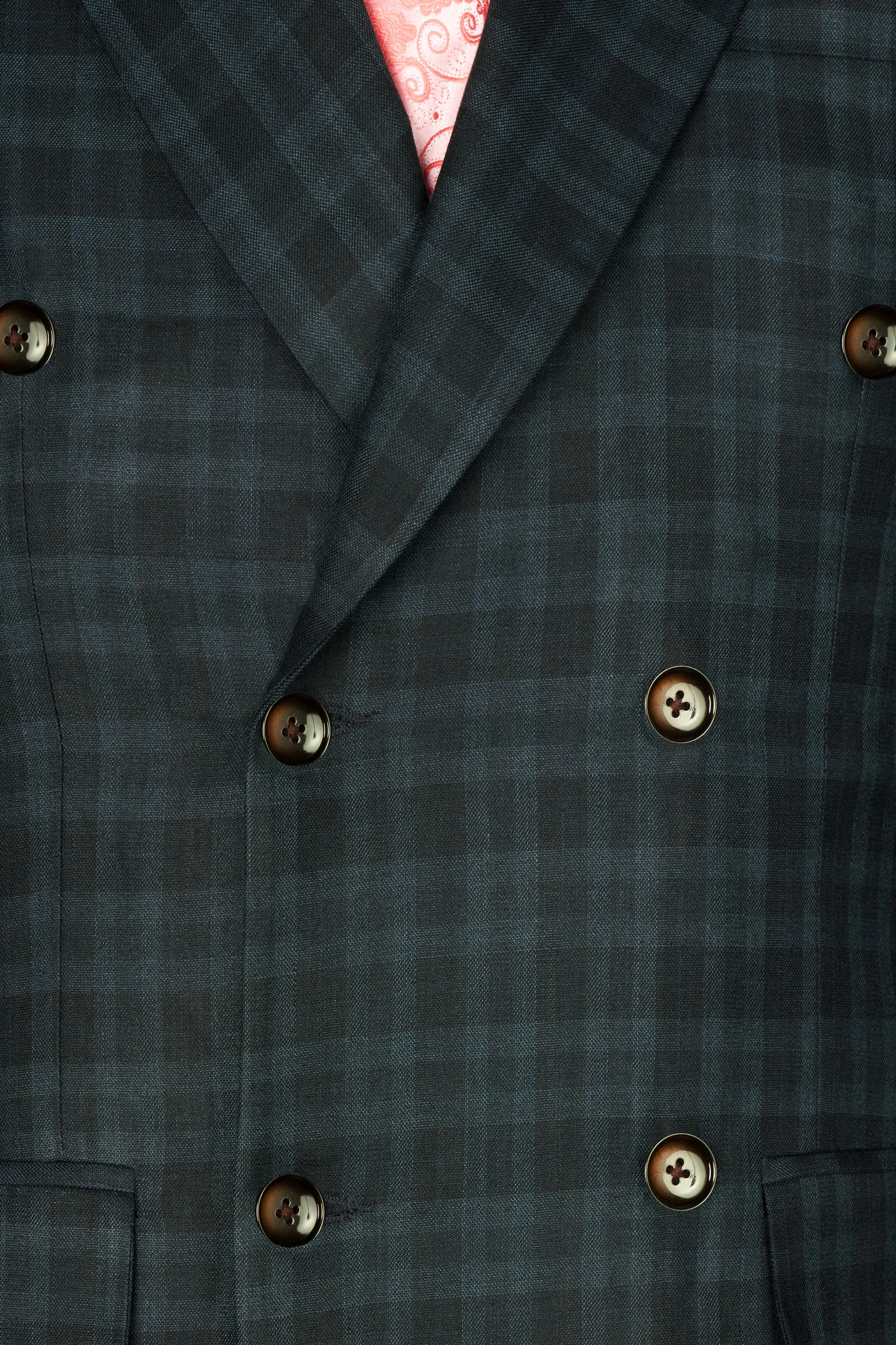 Baltic Sea Blue with Tuna Navy Blue Checkered Wool Rich Double Breasted Suit