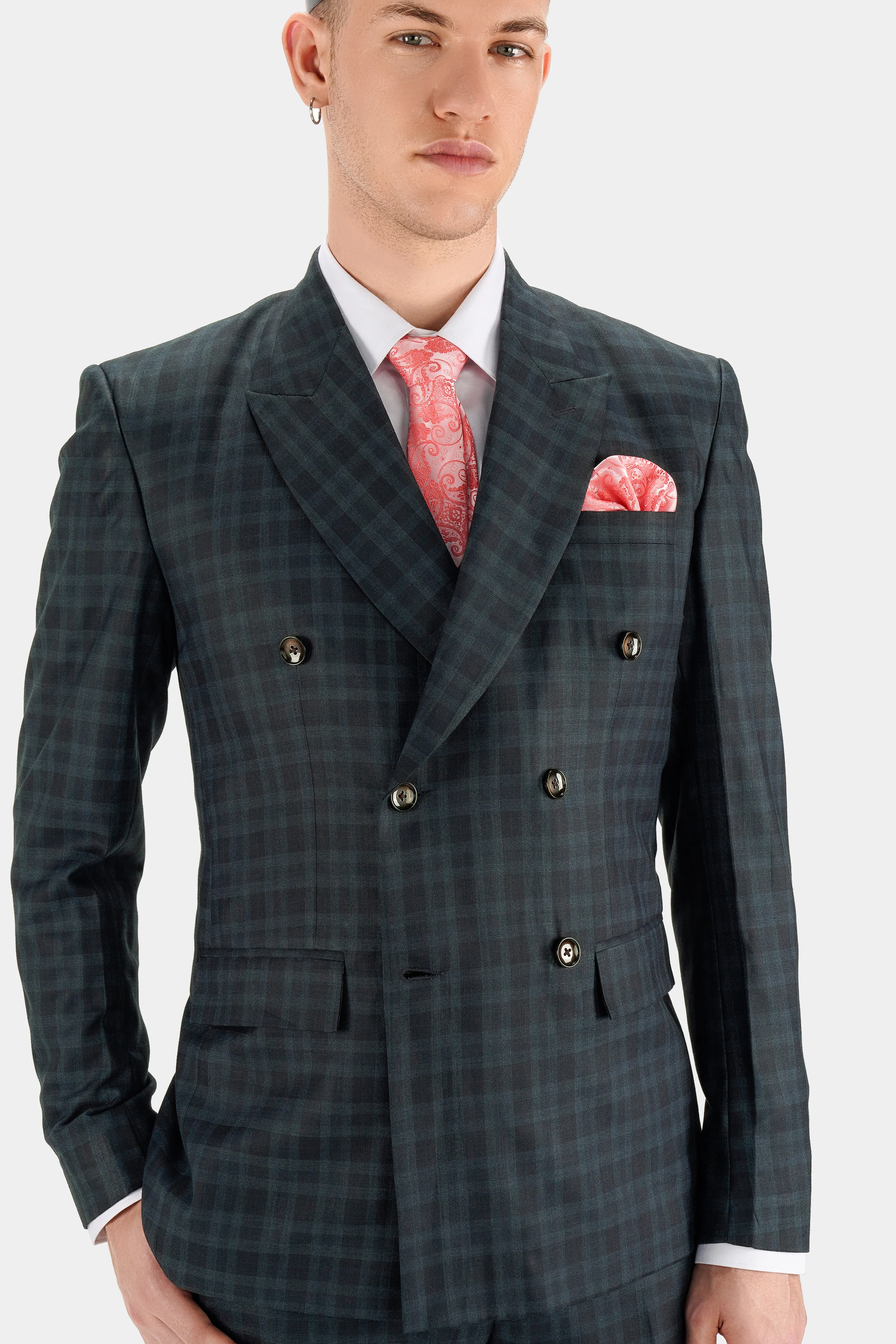 Baltic Sea Blue with Tuna Navy Blue Checkered Wool Rich Double Breasted Suit