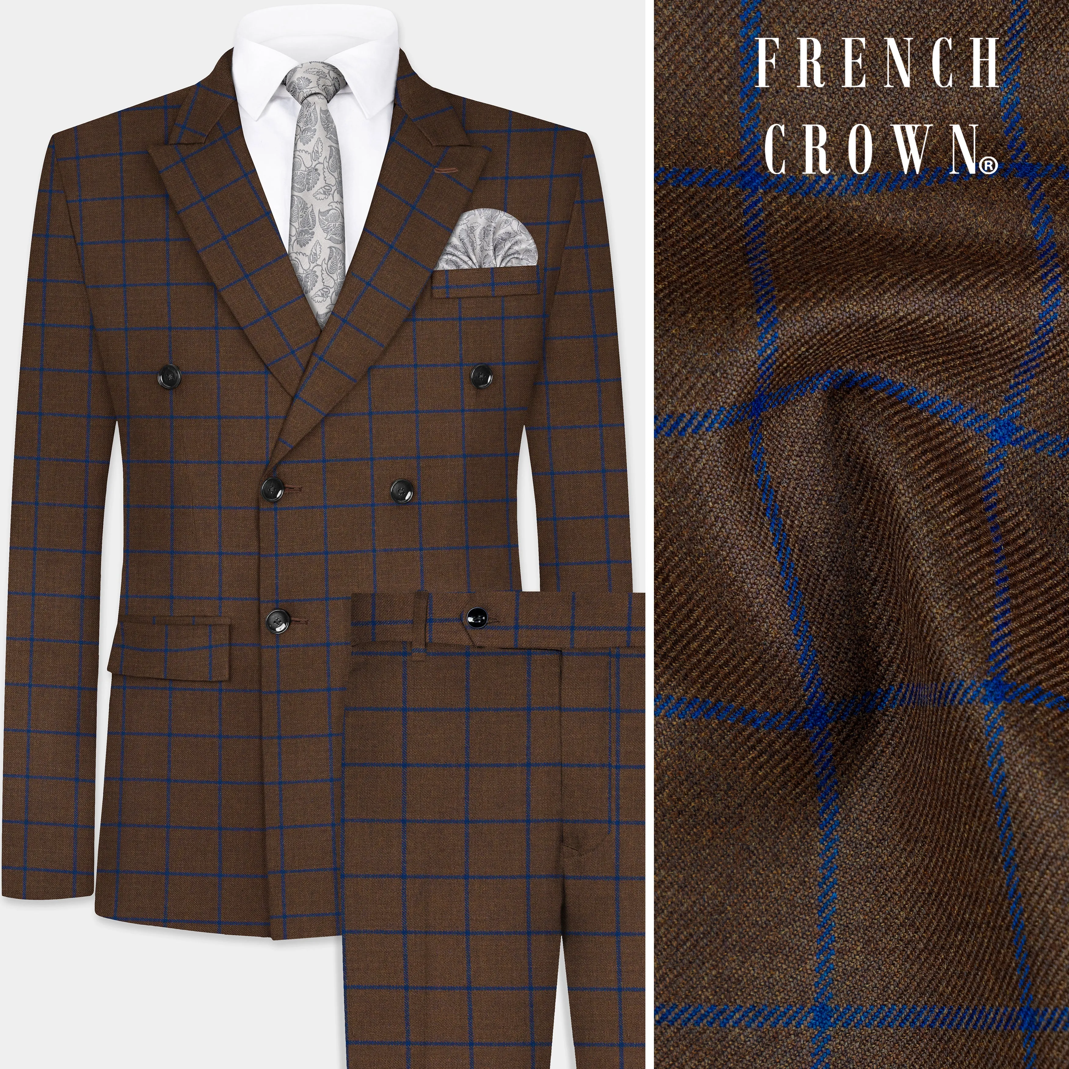 Bistre Brown with Catalina Blue Windowpane Double Breasted Tweed Suit