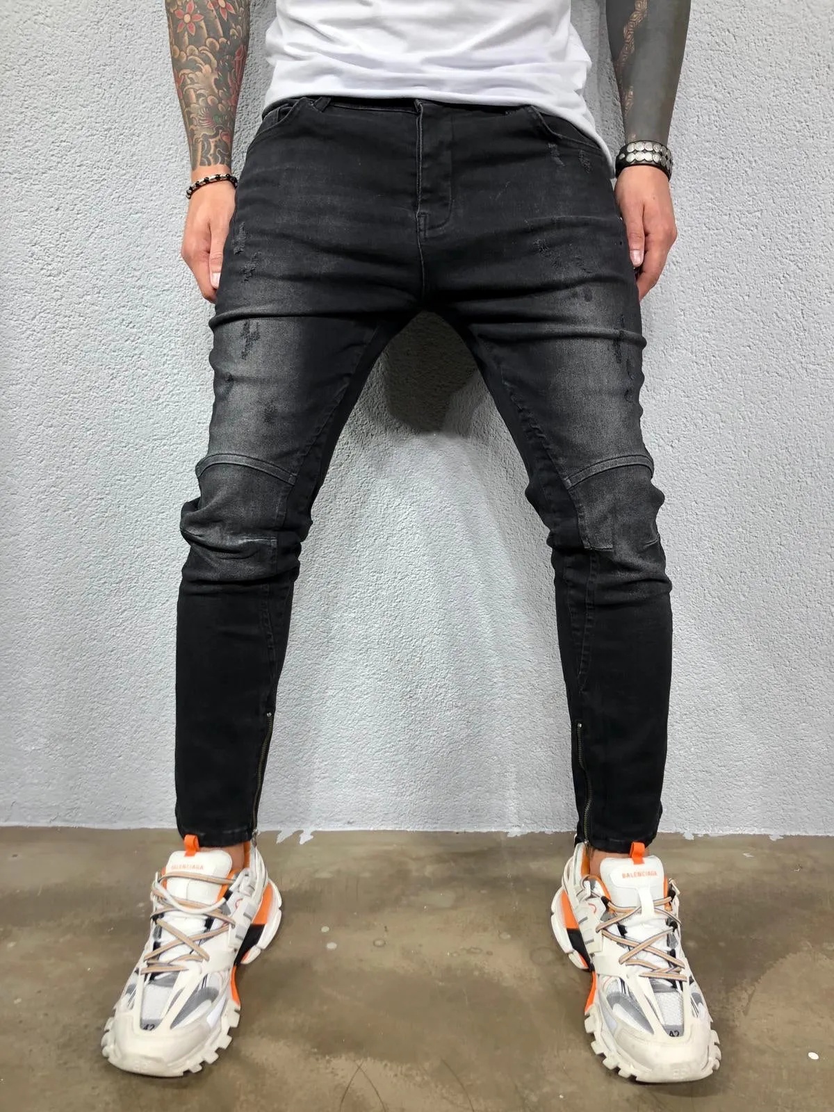 Black Ankle Zip Jeans Slim Fit Jeans BL548 Streetwear Mens Jeans