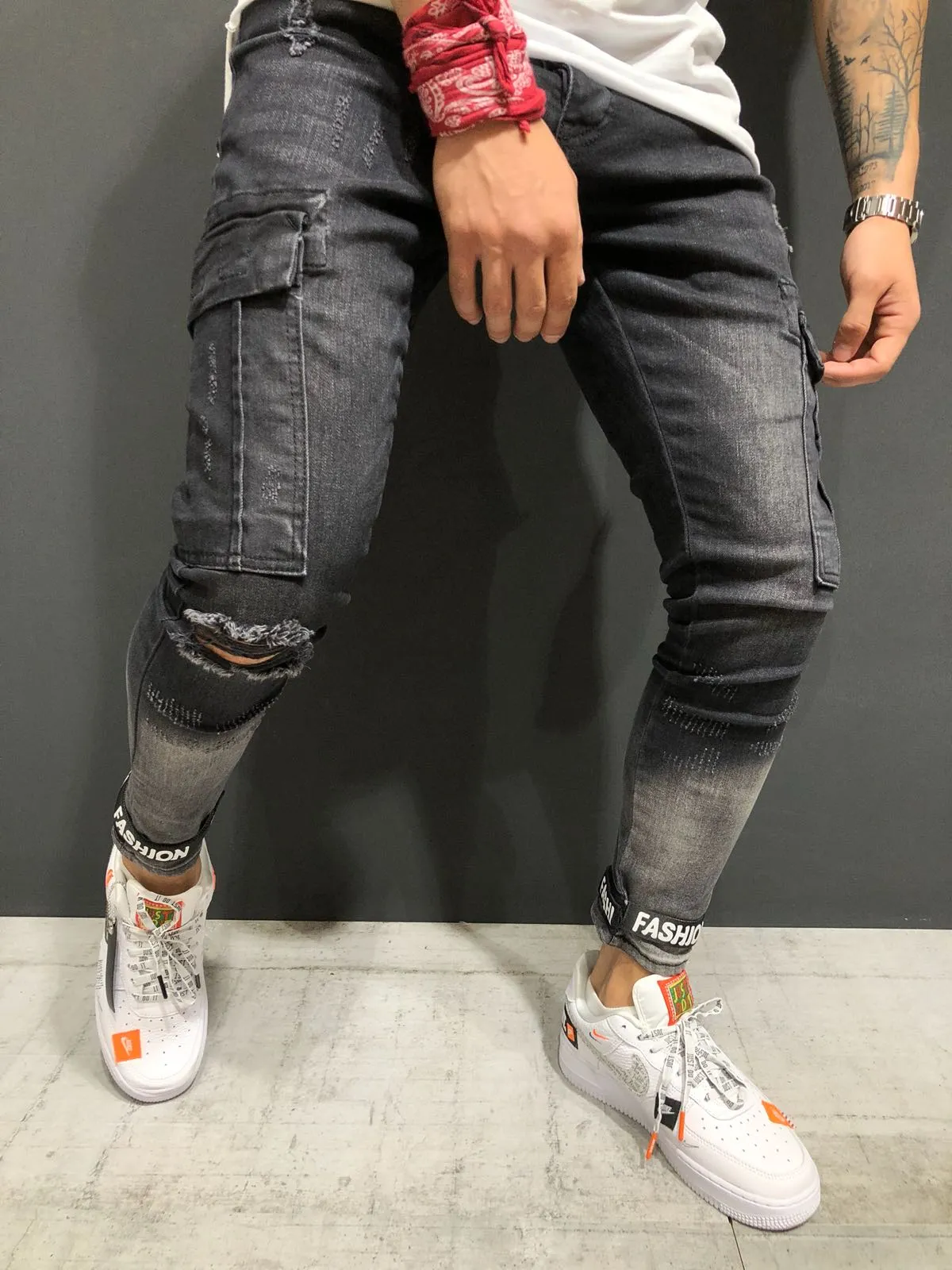 Black Destroyed Ankle Skinny Fit Denim A153 Streetwear Jeans