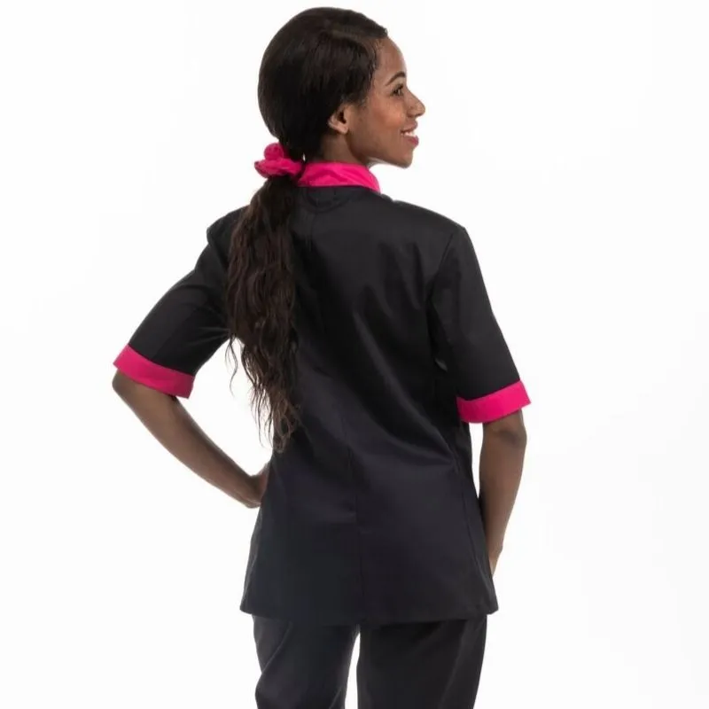 Black Kitchen Coat with Pink Piping Short Sleeve - MANELLI