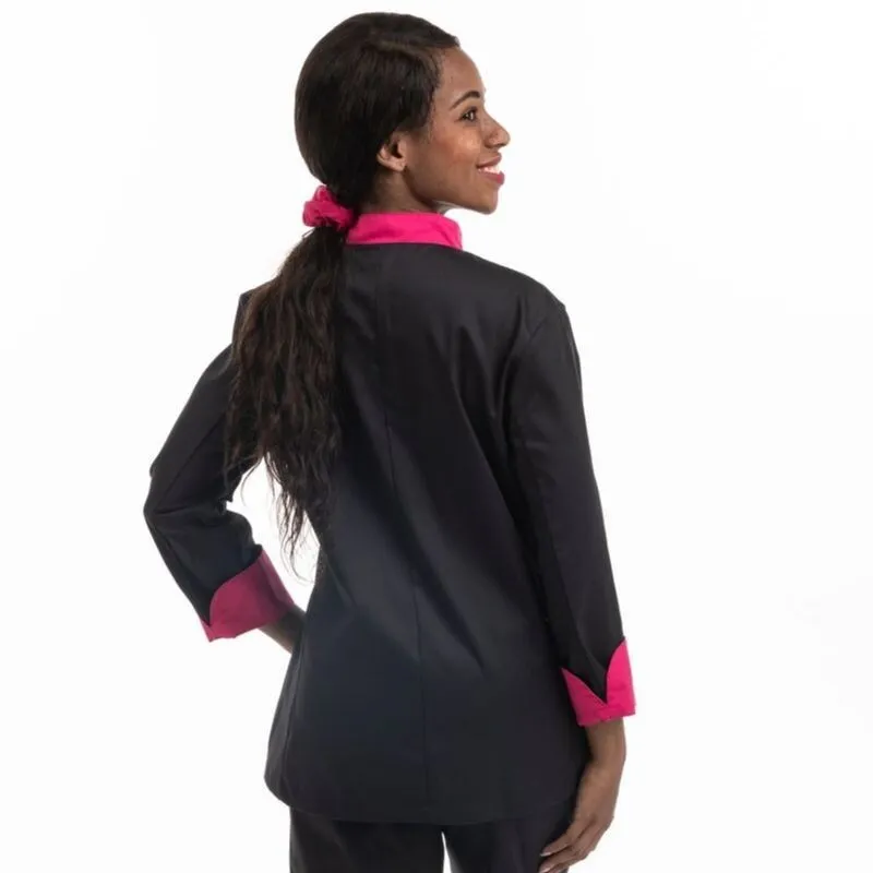 Black Kitchen Coat with Pink Piping Short Sleeve - MANELLI