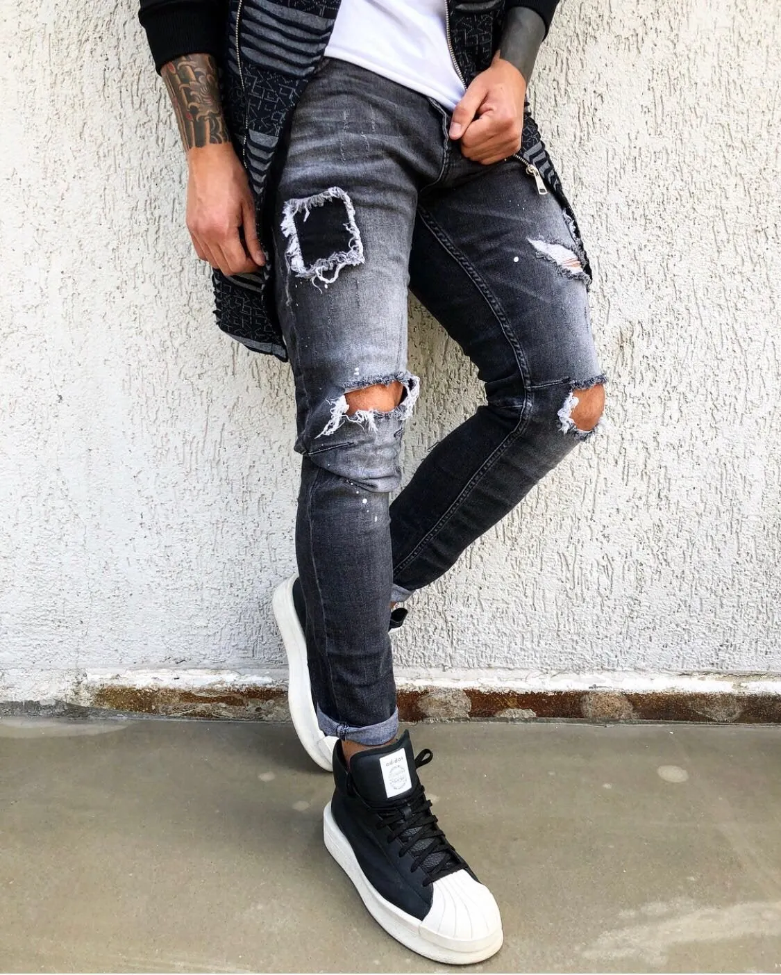 Black Ripped Patched Skinny Fit Denim B274 Streetwear Jeans