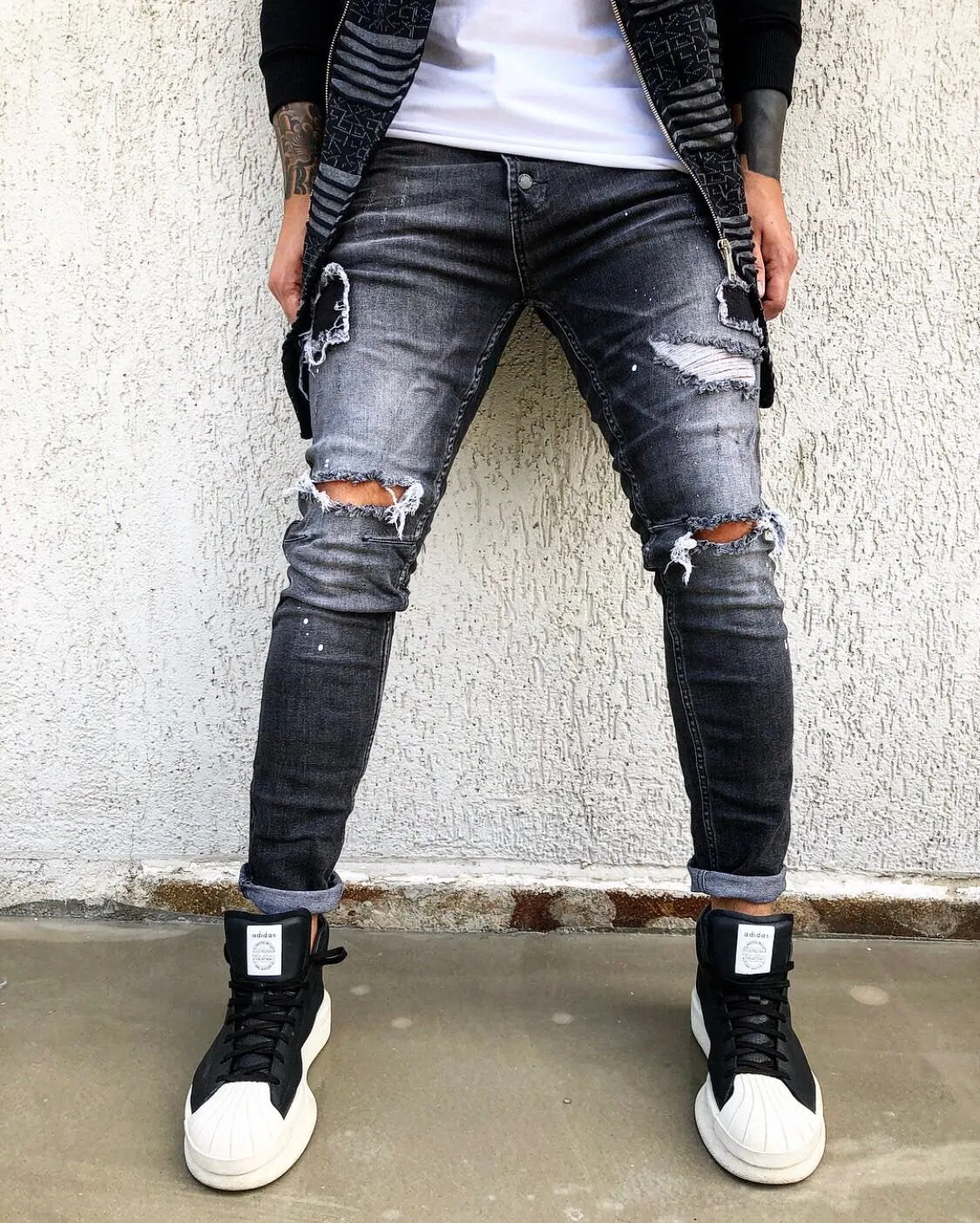 Black Ripped Patched Skinny Fit Denim B274 Streetwear Jeans