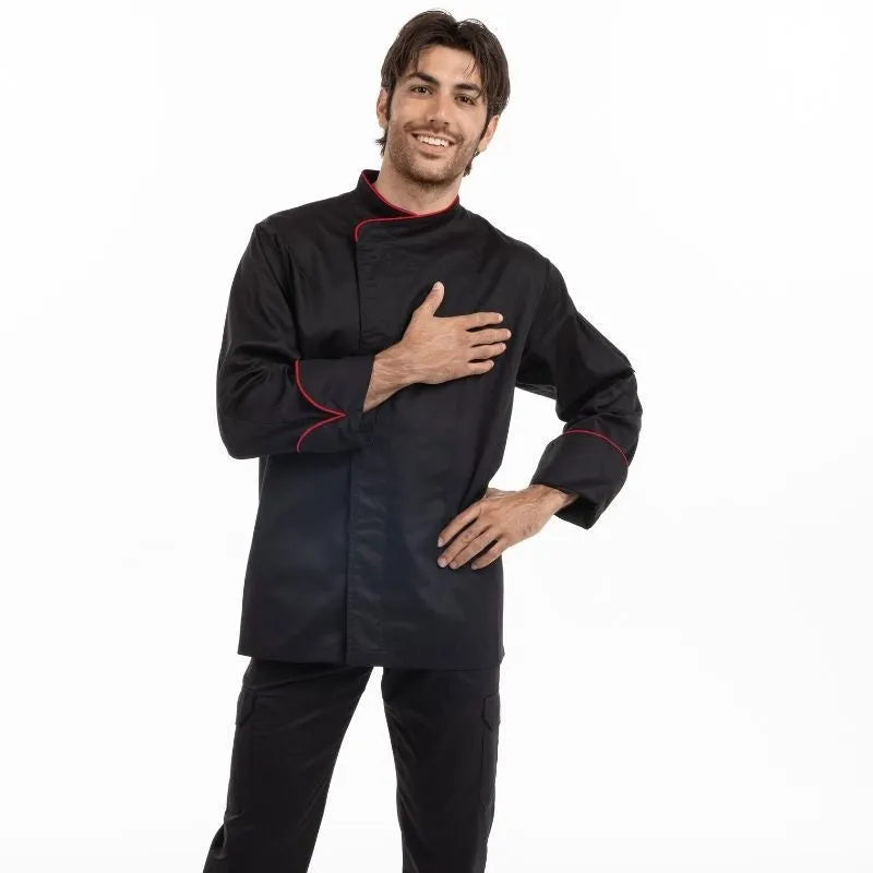 Black Short Sleeve or Long Sleeve Kitchen Coat with Red Piping - MANELLI