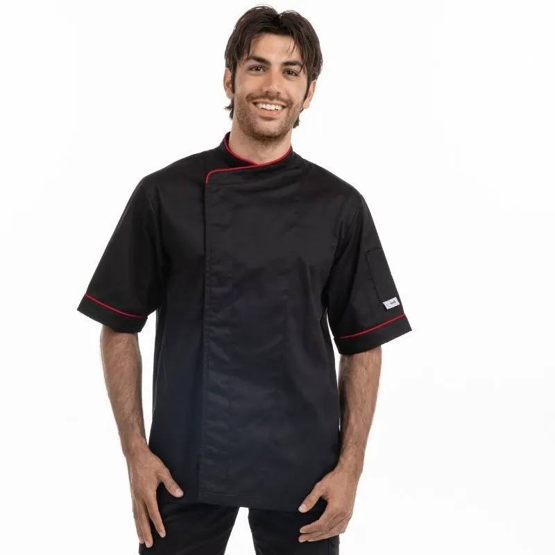 Black Short Sleeve or Long Sleeve Kitchen Coat with Red Piping - MANELLI