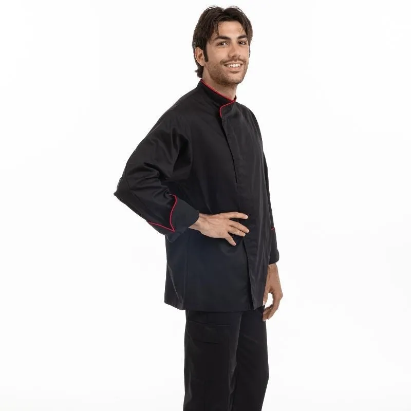 Black Short Sleeve or Long Sleeve Kitchen Coat with Red Piping - MANELLI