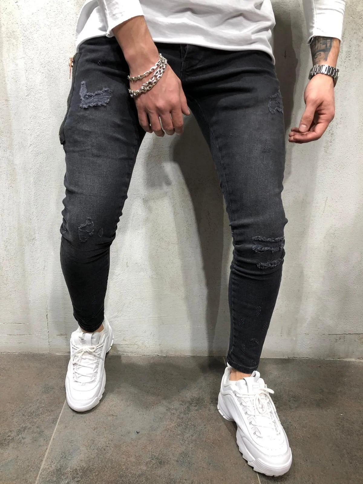 Black Side Zip Ultra Skinny Fit Denim AY109 Streetwear Jeans