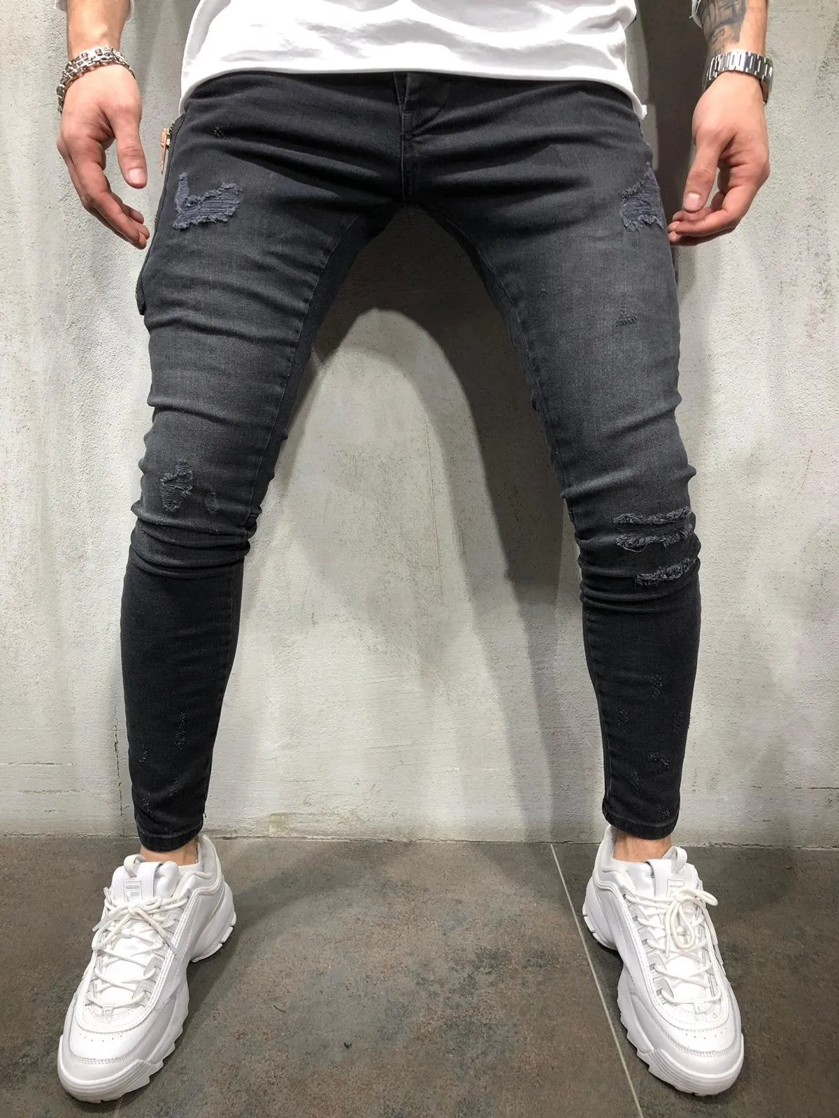 Black Side Zip Ultra Skinny Fit Denim AY109 Streetwear Jeans