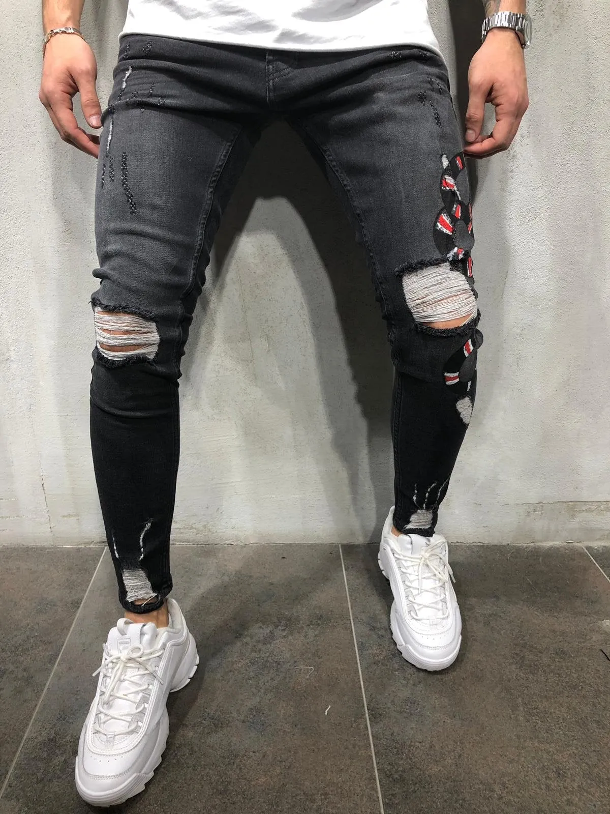 Black Snake Patched Distressed Skinny Fit Denim A229 Streetwear Jeans