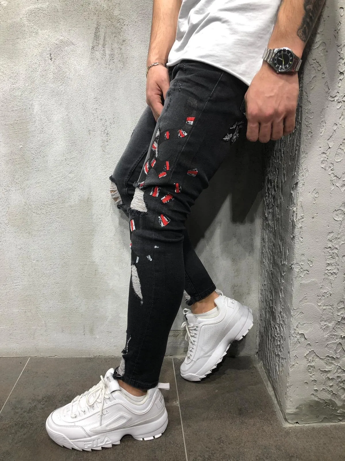 Black Snake Patched Distressed Skinny Fit Denim A229 Streetwear Jeans