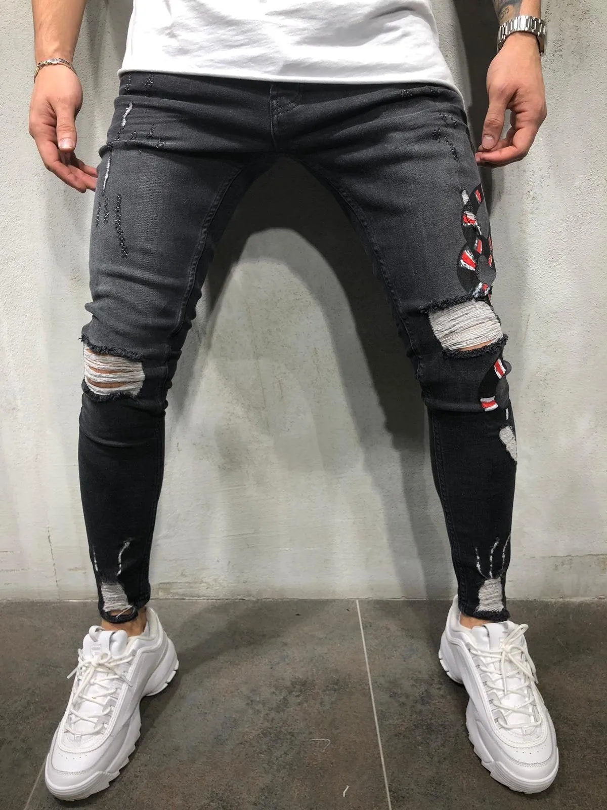 Black Snake Patched Distressed Skinny Fit Denim A229 Streetwear Jeans