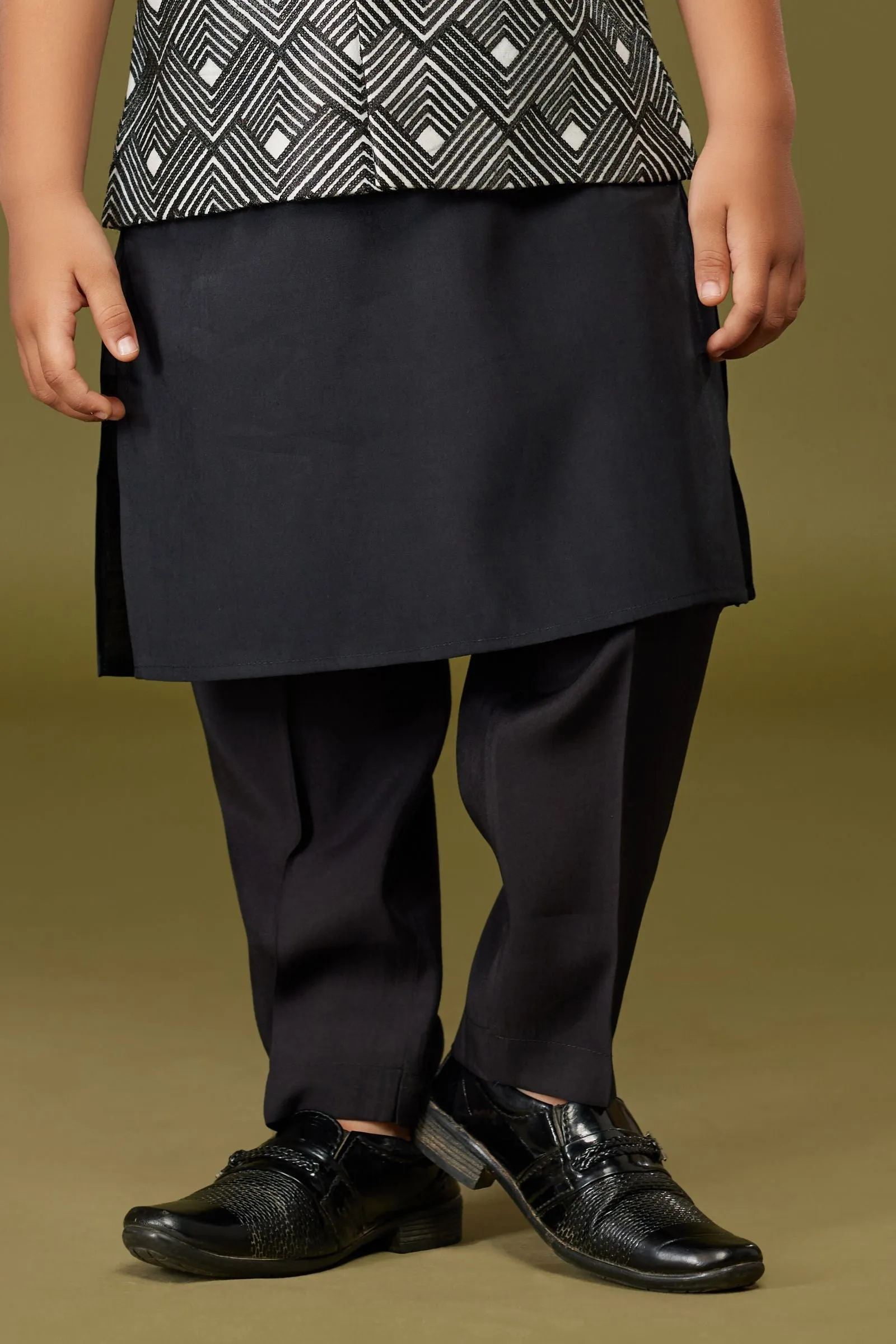 Black with White Thread work Waist Coat Kurta Set for Boys