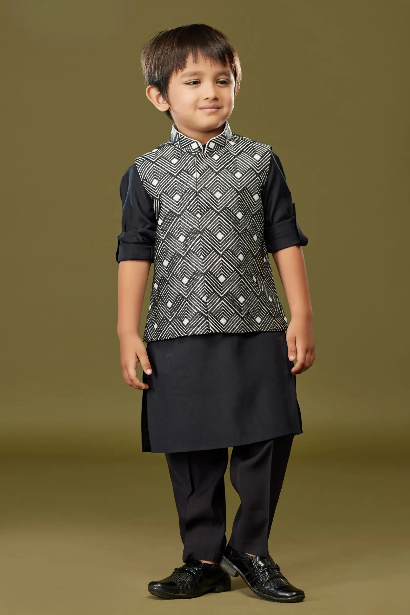 Black with White Thread work Waist Coat Kurta Set for Boys