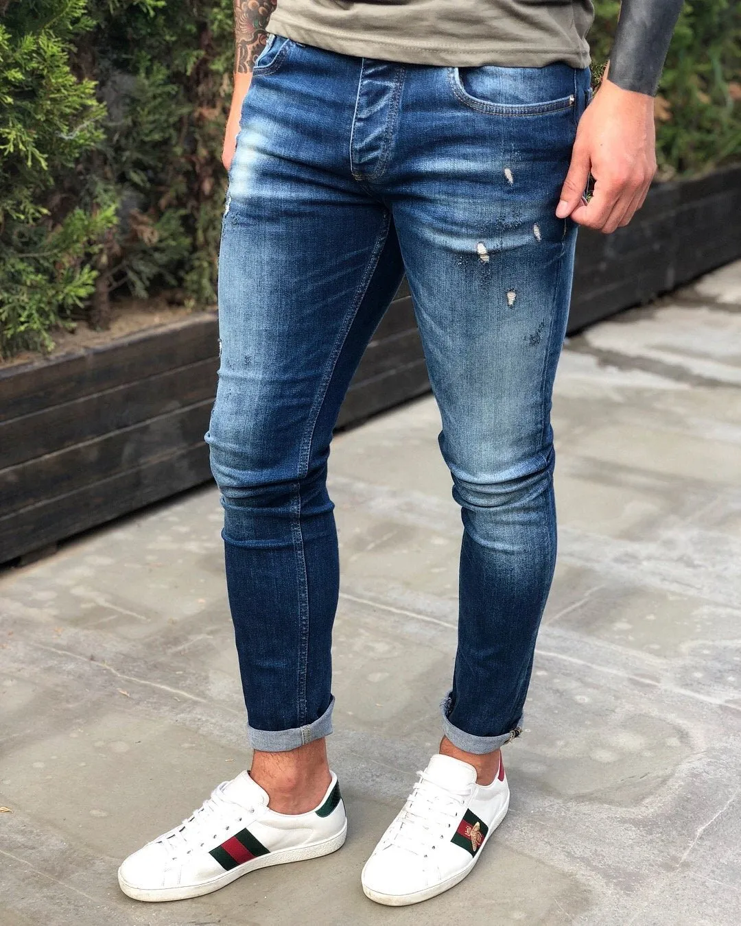 Blue Distressed Skinny Fit Denim B238 Streetwear Jeans