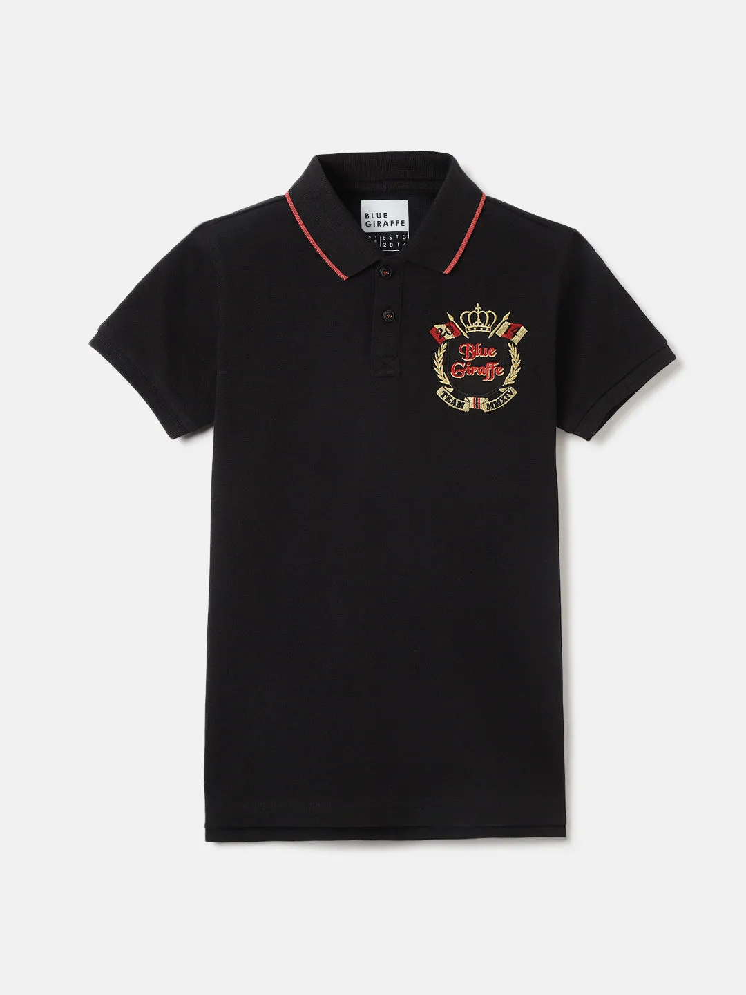 Blue Giraffe Boys Black Solid Polo Collar Short Sleeves T-Shirt