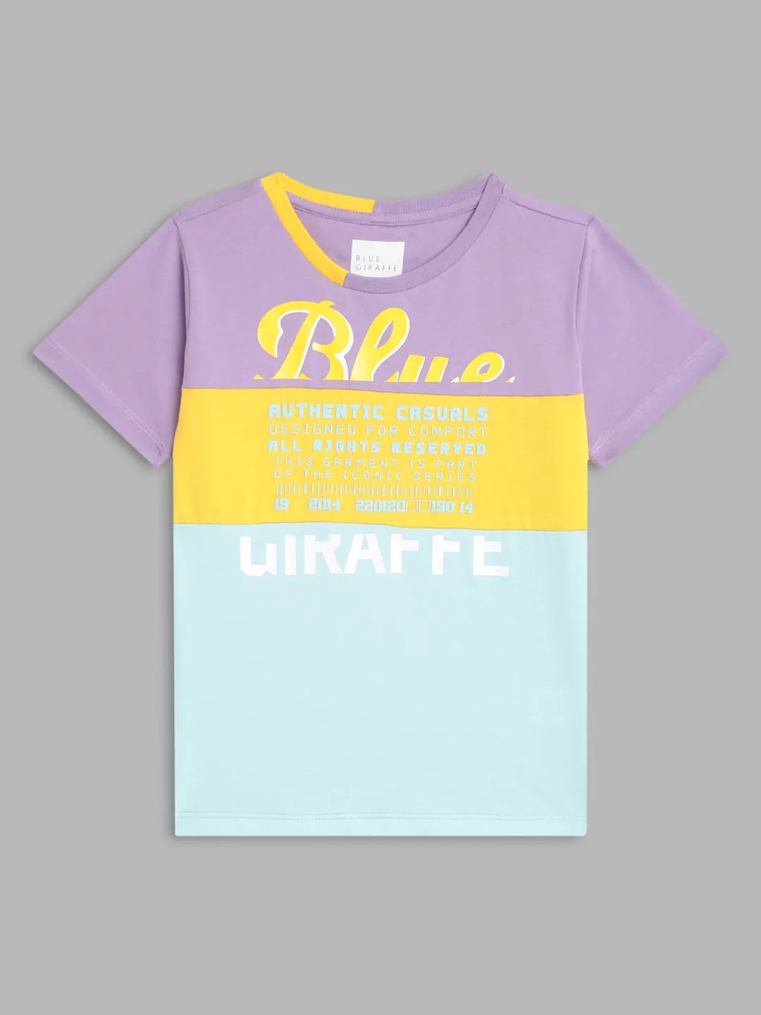 Blue Giraffe Boys Lilac Colour Blocked Round Neck TShirt