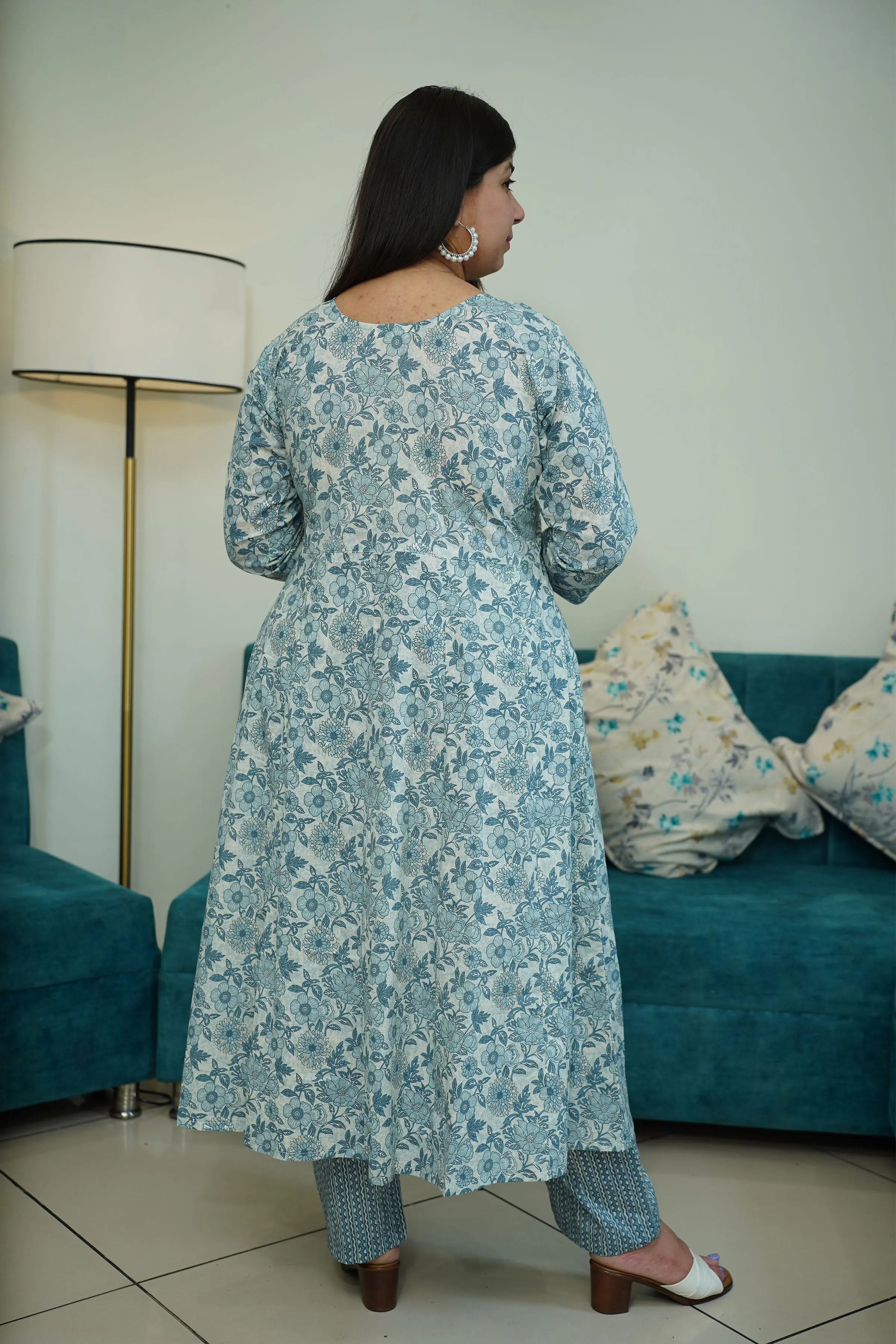 Blue Kalidar Bagh Printed Suit Set