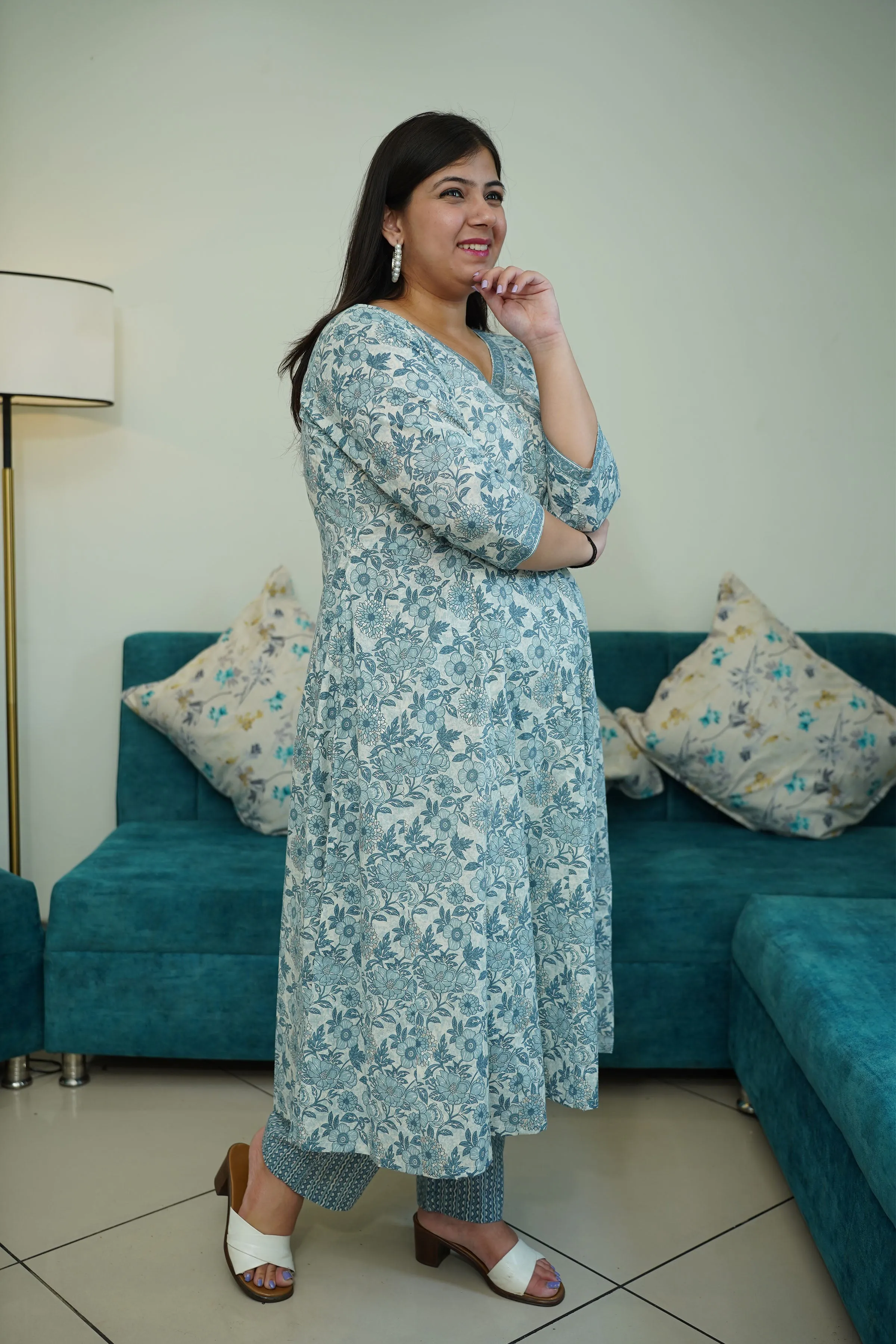 Blue Kalidar Bagh Printed Suit Set