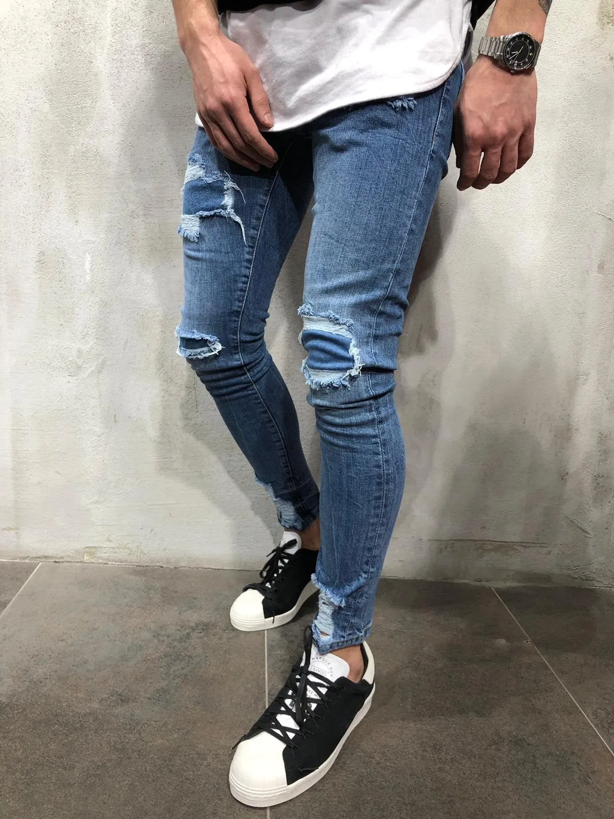 Blue Patched Ultra Skinny Fit Denim AY309 Streetwear Jeans