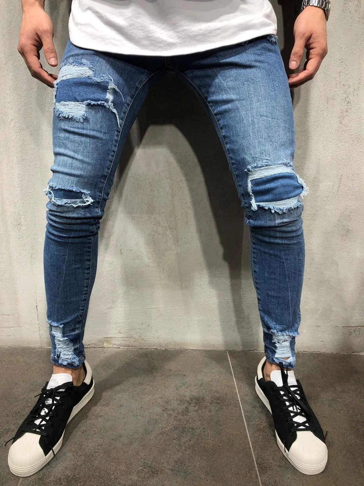 Blue Patched Ultra Skinny Fit Denim AY309 Streetwear Jeans