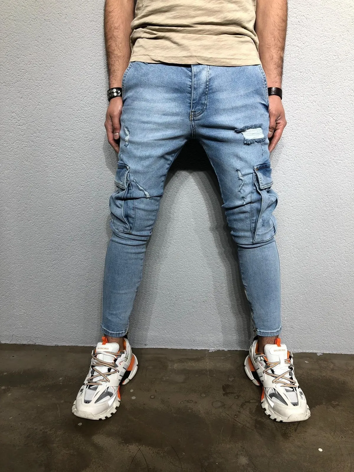 Blue Washed Cargo Pocket Denim BL260 Streetwear Cargo Jeans